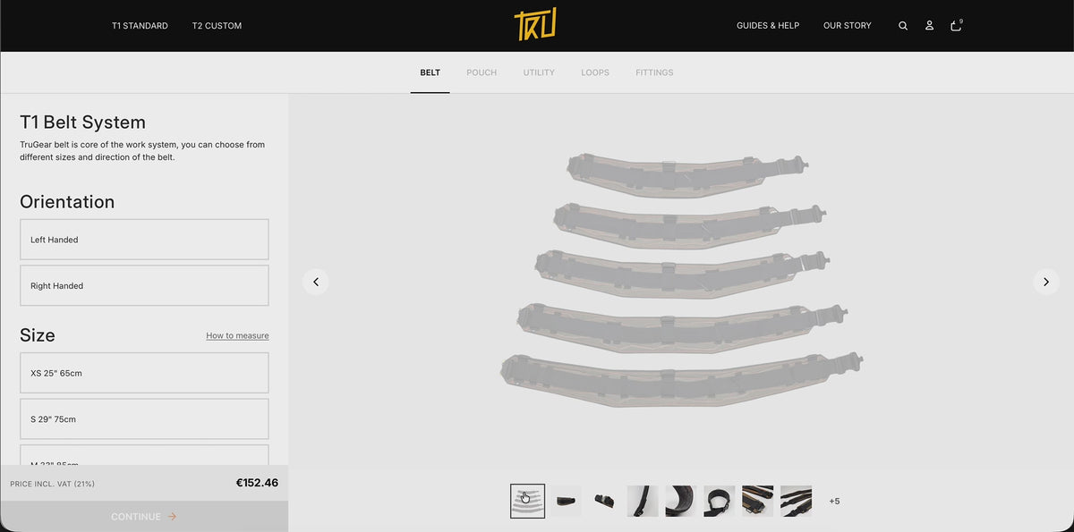 Walkthrough of the T1 belt builder: choosing belt size, pouches and accessories