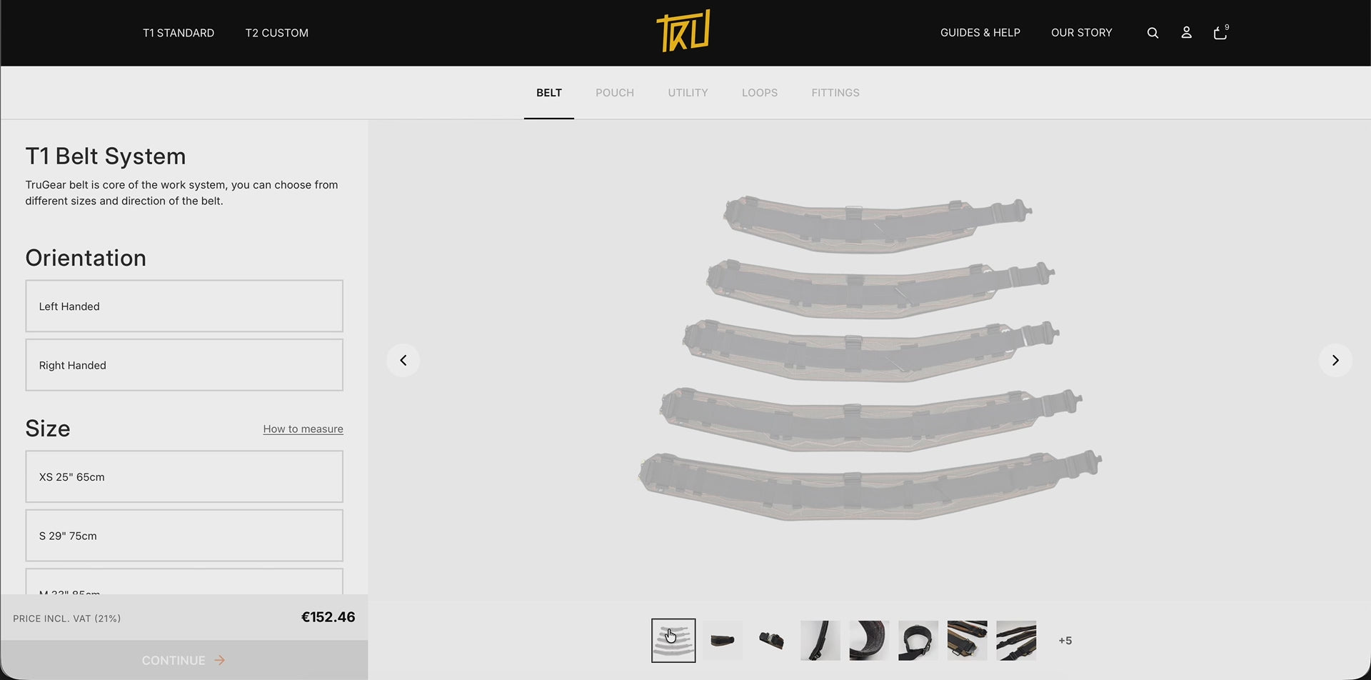 Walkthrough of the T1 belt builder: choosing belt size, pouches and accessories